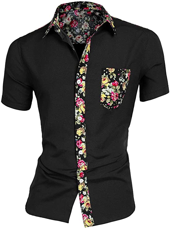 uxcell Men's Summer Floral Printed Button Down Short Sleeve Color Block Flower Hawaiian Shirt