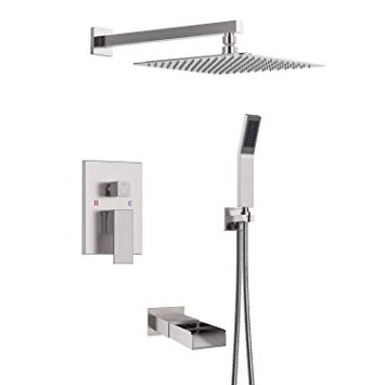 SR SUN RISE Bathroom Luxury Rain Mixer Shower Tub Spout Combo Set Wall Mounted Rainfall Shower Head System Brushed Nickel