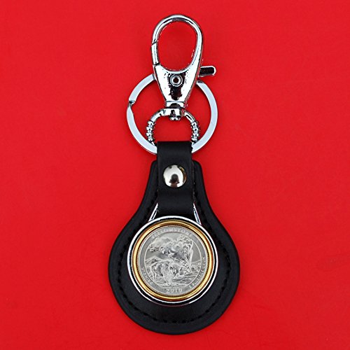 US 2010 Wyoming Yellowstone National Park Quarter BU Uncirculated Coin Gold Silver Two Tone Leather Key Chain Ring NEW - America the Beautiful