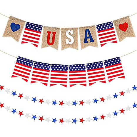 4 Pieces Patriotic 4th of July String Pennant Banner Includes 2 USA American Flag Burlap Banner and 2 Red White Blue Star Banner for Independence Memorial Labor Day Holiday Decorations