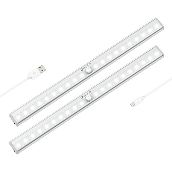 Motion Sensor Closet Lights, OxyLED Under-Cabinet Lightening, USB Rechargeable, Stick-on Cordless 20 LED Night Light Wardrobe Stairs Step Light Bar, Safe Lights W/ Magnetic Strip, 2 Pack, T-02S