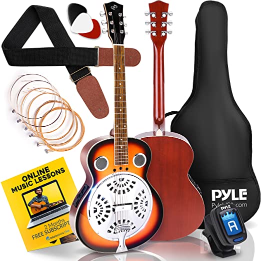 Pyle Electro Resophonic Acoustic Electric Guitar-6 Round Neck Sunburst Mahogany Traditional Resonator w/Built-in Pre Amplifier, Case Bag, Strap, Steel Strings, Tuner, Picks PGA500BR, Right