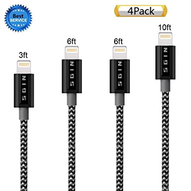 iPhone Cable SGIN,4Pack 3FT 6FT 6FT 10FT Nylon Braided Cord Lightning Cable Certified to USB Charging Charger for iPhone 7,7 Plus,6S,6 Plus,SE,5S,5,iPad,iPod Nano 7 - Black Grey
