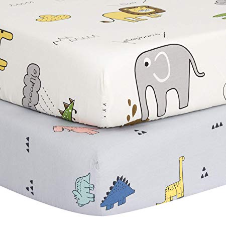 TILLYOU Ultra Soft Dinosaur Crib Sheets Set, 100% Egyptian Cotton Printed Toddler Sheets for Baby Boys Girls, Breathable Hypoallergenic Comfy, 28"x52", 2 Pack Dinosaur (Gray) & Animals Party (White)