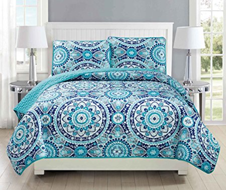 Mk Collection 3pc Bedspread coverlet quilted Floral Turquoise Teel Blue Grey Over Size New #185 Full/Queen Over Size