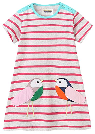 Fiream Girls Cotton Striped Dresses Shortsleeve Animal Appliques T-Shirt Casual Dresses 2-7T