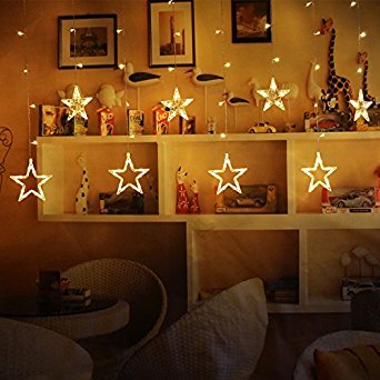 Amzdeal Star Curtain Lights, 2M Fairy String Lights with 12 Stars 138pcs LED, 8 Modes Window Curtain Lights, Fairy Lights for Christmas/Wedding/Party/Garden Decorations(Warm White)