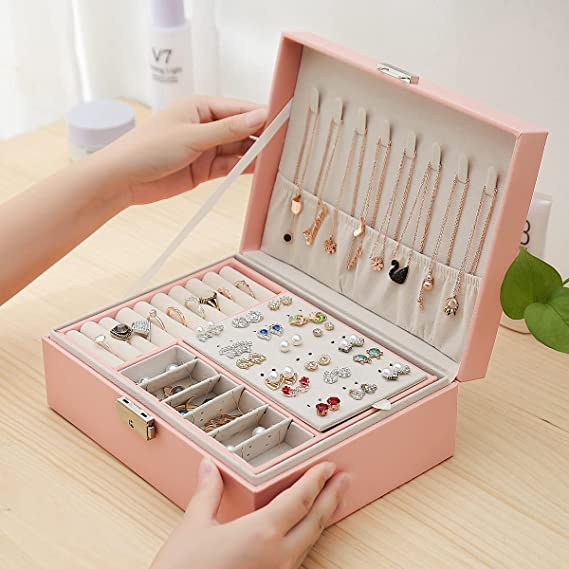 EKKONG Jewellery Box Organiser Small Travel Jewelry Storage Case, 2-Layer Jewellery Organiser with Lock and Removable Tray for Rings Earrings Necklace Bracelets Faux Leather Jewelry Gift Box (Pink)