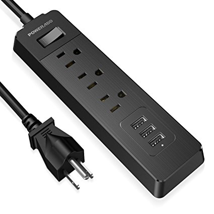 Poweradd 3-Outlet Surge Protector Power Strip 1250W with 3 Smart USB Charging Ports and 5ft Heavy Extension Cord, Charging Station ,300 Joules - Black