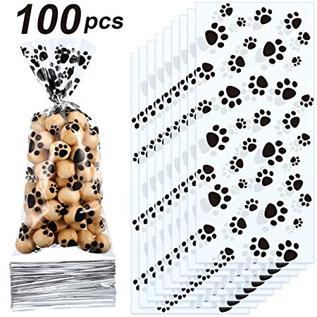 Blulu Pet Paw Print Cone Cellophane Bags Heat Sealable Treat Candy Bags Dog Gift Bags Cat Treat Bags with 100 Pieces Silver Twist Ties for Pet Treat Party Favor