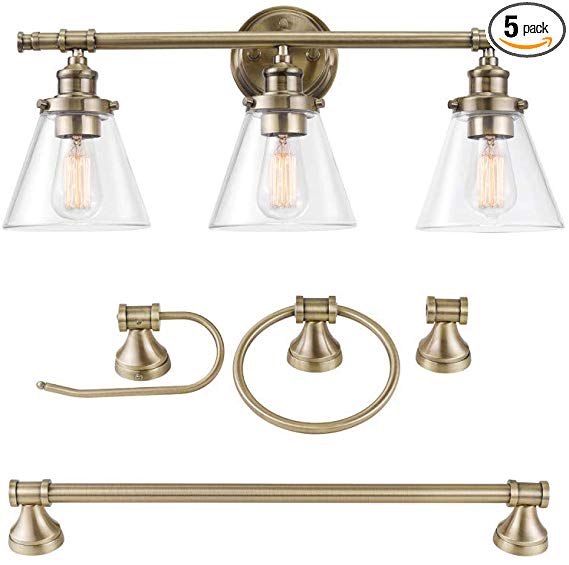 Globe Electric 51381 Parker 5-Piece All-In-One Bathroom Set, 3-Light Vanity, Bar, Towel Ring, Robe Hook, Toilet Paper, Antique Brass