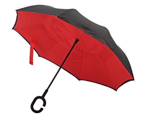 Double Layer INVERTED / REVERSIBLE Stick Umbrella - Windproof - New Design (Black)