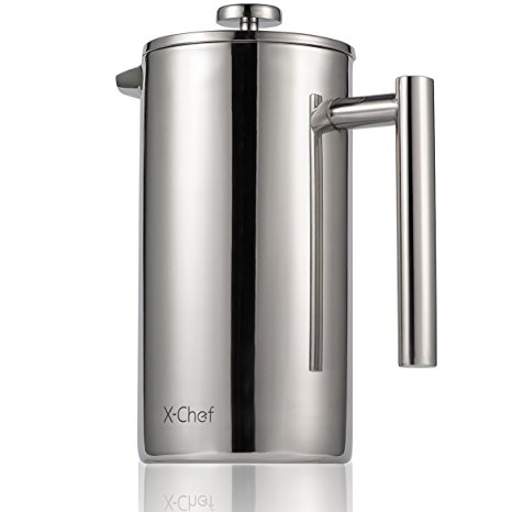 X-Chef Double Walled Cafetiere - 8 Cup French Press Coffee Maker - "Unbreakable" 18/10 Stainless Steel Double-Wall Keep Warm Coffee & Espresso Filter- 1.0 L/34 oz