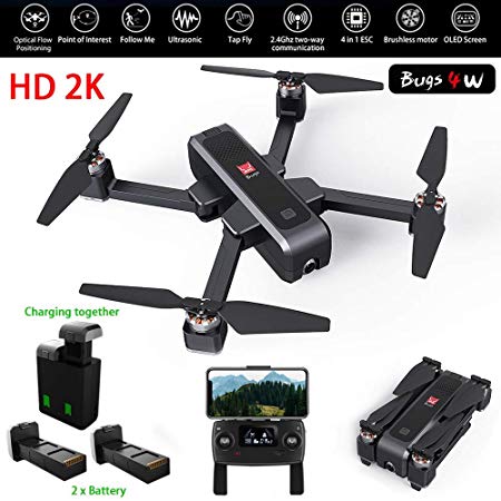 MJX Bugs 4W Foldable Drone with GPS, Full HD 2K Camera Record Video Bugs GO App Operation Altitude Hold Track Flight 3400mAh Battery Double Charging OLED Screen Alarm (MJX B4W   2 Battery   Carton)
