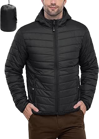 33,000ft Men's Lightweight Packable Insulated Puffer Winter Jacket with Hood, Water-Resistant Down Alternative Puffy Coat