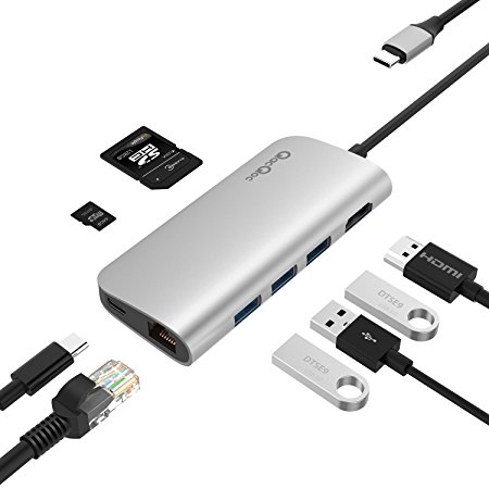 GN30E USB-C hub, Multi-Port Adapter 4K HDMI (30Hz), USB C Port (Charging Delivery), SD / micro SD card reader and Gigabit Ethernet LAN for USB-C MacBook (Silver)