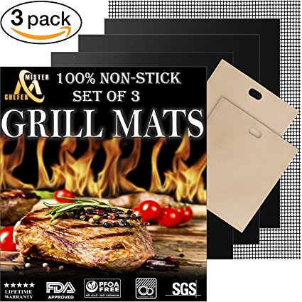 Professional Grill Mat - Set of 3 Non-Stick Grill Mats for BBQ Grilling and Baking - Heavy Duty Best for Cooking on Charcoal, Gas, Oven, Smoker, Electric Grills - Reusable and Easy to Clean