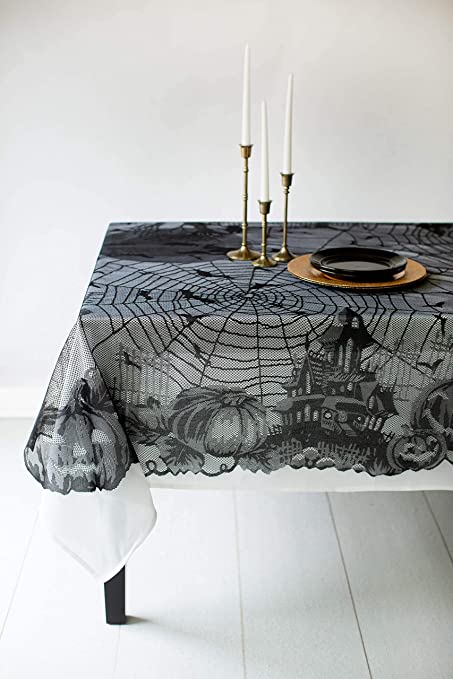 Benson Mills Spooky Spirits Web Lace Fabric Halloween Tablecloth (Black, 60" x 104" Rectangular)