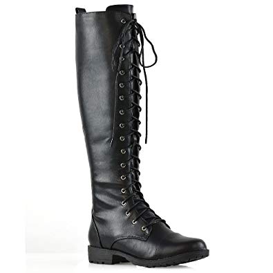 ESSEX GLAM Womens Knee High Lace Up Calf Biker Ladies Black Zip Punk Military Combat Army Block Heel Boots Size 3-8