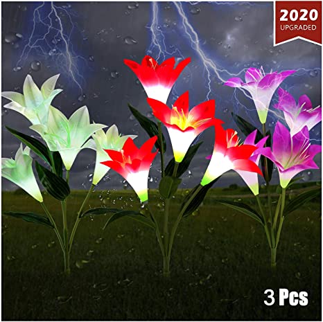 Outdoor Solar Garden Stake Lights,New Upgraded LED Solar Powered Light, Multi-Color Auto-Changing 12 Bigger Lily Flower Decorative Lights for Garden,Patio,Backyard(3 Pack,Purple&Red&White）