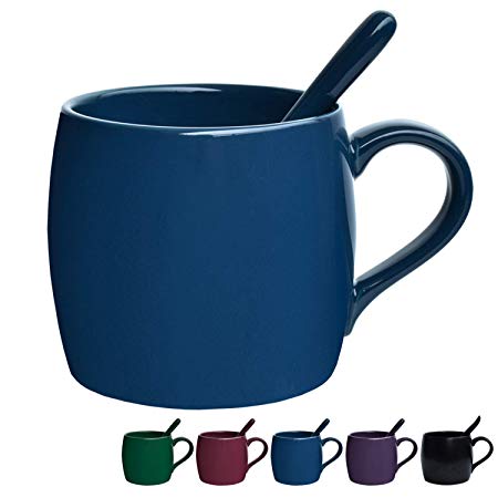 Ceramic Coffee Mug with Spoon, Tea Cup for Office and Home, Dishwasher and Microwave Safe, 14 oz, 1 Pack (Blue(Glossy))