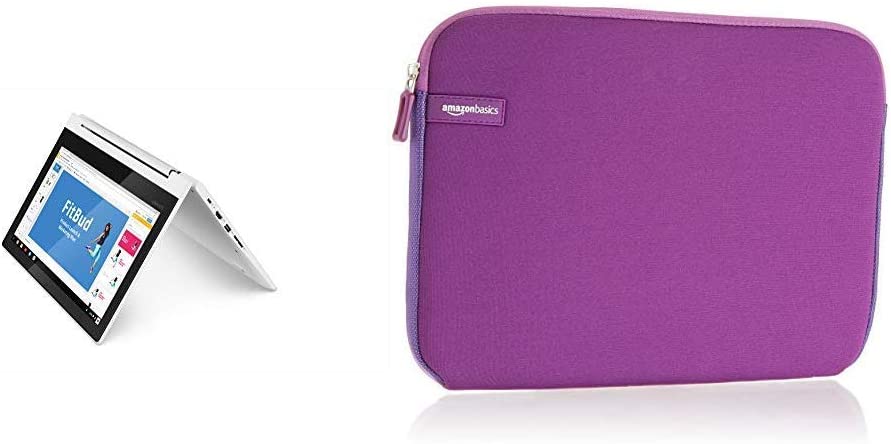 Lenovo Chromebook C330 2-in-1 Convertible Laptop, 11.6-Inch HD IPS Display, 4GB LPDDR3, 64 GB eMMC, Chrome OS, Blizzard White & AmazonBasics 11.6 Inch Laptop Tablet Sleeve Case - Purple