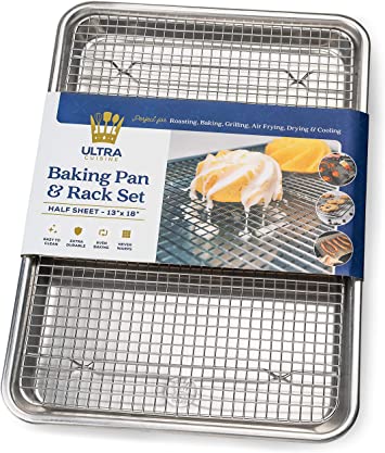 Baking Pan with Cooling Rack Set - Half Sheet Pan Size - Includes a Professional Aluminum Baking Sheet and a Stainless Steel Baking Rack for Oven - Durable, Easy to Clean, Commercial Quality