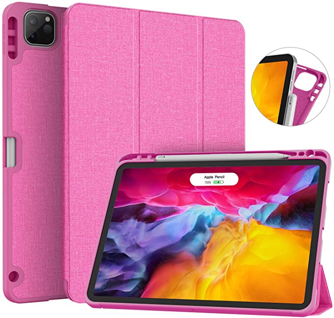 Soke New iPad Pro 11 Case 2020 & 2018 with Pencil Holder - [Full Body Protection   Apple Pencil Charging   Auto Wake/Sleep], Soft TPU Back Cover for 2020 iPad Pro 11 inch(Hot Pink)