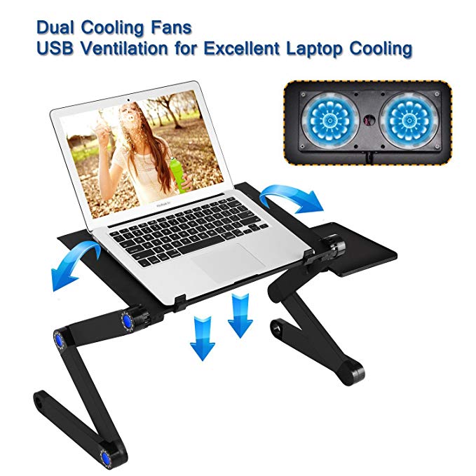 Kapoo LD-212 Desk-Portable Stand Ergonomic Laptop Table with 2 Cpu Cooling Fans and Aluminum Mouse Pad,360 Degree Adjustable Legs, Black