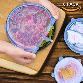 six-qu Silicone Storage Covers, 6-Pack of Various Sizes Silicone Stretch Lids for Bowl, Can, Jar, Glassware, Food Saver Covers Safe in Dishwasher, Microwave and Freezer(Blue)