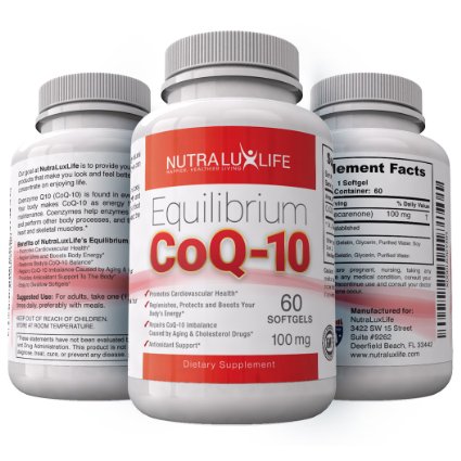 NutraLuxLife EQUILIBRIUM COQ10 supplement easy to swallow Coenzyme Q10 softgels 60 count cardiovascular system support and natural antioxidant