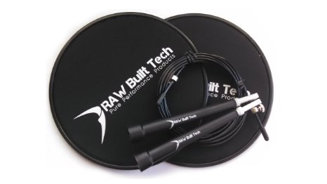 RAWBuiltTech Professional Quality Workout Glide Plates with Bonus Free Speed Rope, Used to Slide During Push-ups and Planks, Full Body Core Exercise, Dual Sided Disks Work on Any Surface