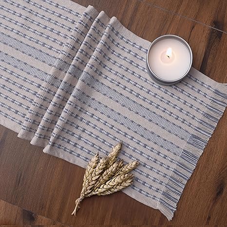 Boho Farmhouse Table Runner 72 Inch Long for Dining Table, Wedding, Dresser Decor - Natural Cotton Tassle Rustic Table Decoration - Ivory / Gray