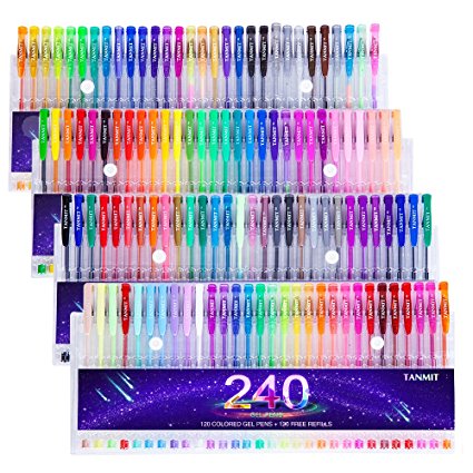 Tanmit 240 Color Gel Pens Large Set for Adult Coloring Books, Writing, Kid Drawing 120 Unique Colored Gel Pen   120 Ink Refills Environmental Friendly (Unique Colors, 0.6-1.0mm)