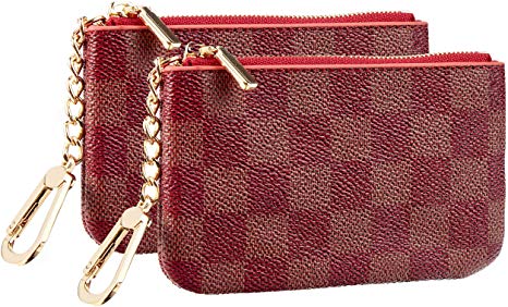 Rita Messi Luxury Checkered Zip Coin Pouch Purse Change Holder Wallet with Key Chain 2 pcs Set (Scarlet)