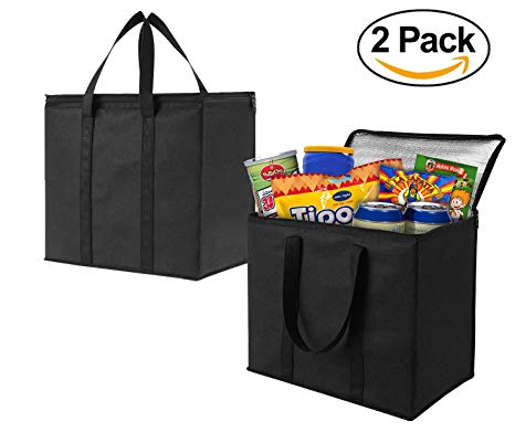 2 Pack Insulated Reusable Grocery Bag by VENO, Durable, Heavy Duty, Extra Large Size, Stands Upright, Collapsible, Sturdy Zipper, Eco-Friendly (BLACK, 2)