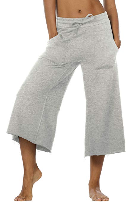 icyzone Culottes Capri Pants for Women - Elastic Waist Wide Leg Joggers Casual Lounge Cotton Sweatpants with Pockets