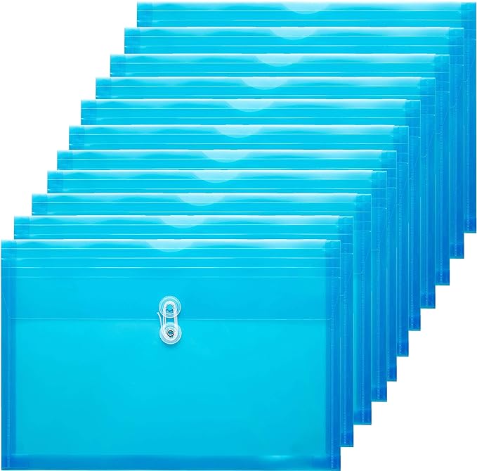 Plastic Legal Size Envelopes with String Tie Closure, 1-1/4" Expansion, Side Load, Clear File Folders Poly Project Paper Documents Puzzle Organizer for Office School Home (Blue -12P)