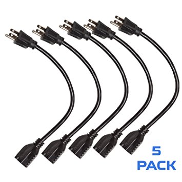 5 Pack of 1 Foot Black Extension Cords - 16/3 SJT Electrical Extension Cord Set