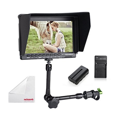 Feelworld FW759 7 Inch IPS On-Camera Field Monitor with 2200mAh Battery Kit, 11" Magic Arm, Sunshade, Mini HDMI Cable and Pergear Cloth for for BMPCC 5D2 5D3 7D 60D 550D D7000 D800 D90 A7S FS7 GH4