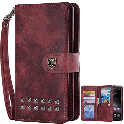 OnePlus One Case, OnePlus One Wallet Case, BENTOBEN Retro Studded Magnetic Detachable Cover Wristlet Wallet Case Credit Card Slots Cash Holder Case for OnePlus One, Wine Red