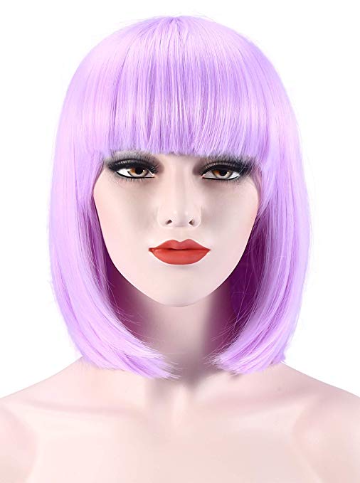 Short Bob Wig Purple Cosplay Wigs Womens girls 12inch Straight Hair Flat Bangs for ladies Daily Party free wig cap and comb