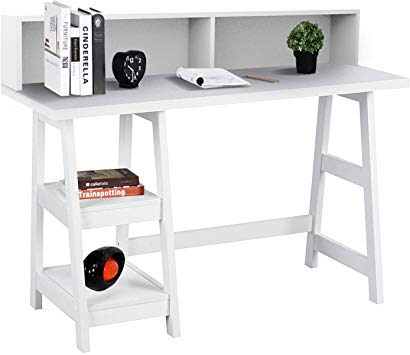 ChooChoo Trestle White Computer Desk with 2 Removable Storage Shelves, Home Office Workstation Wood Study White Writing Desk 47 inches