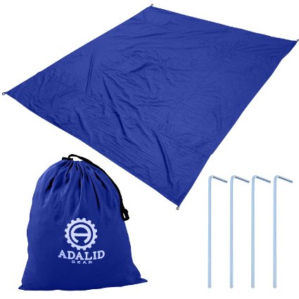 Beach Blanket with Accessories: Nylon Tote Pouch & 4 Stakes / Pegs - Also Used as Outdoor Camping Gear, Oversized Mat, Shade Tarp and Picnic Throw