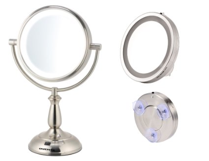 Ovente MLT42BR Dual Sided LED Lighted Tabletop Makeup Mirror with Ovente MLI25BR Suction Cup Travel Mirror, Brushed