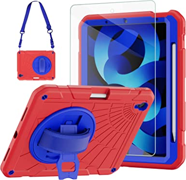 New iPad Air 5th/4th Generation Case 2022/2020 10.9" with Tempered Glass Screen Protector Pencil Holder,Blosomeet Protective Kids Case for iPad Air 5/Air 4 with Hand Shoulder Strap Stand,Red Blue