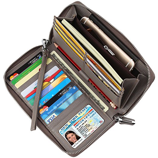 Dante Women's RFID Blocking Wax Real Leather Zip Around Wallet Clutch Large Travel Purse