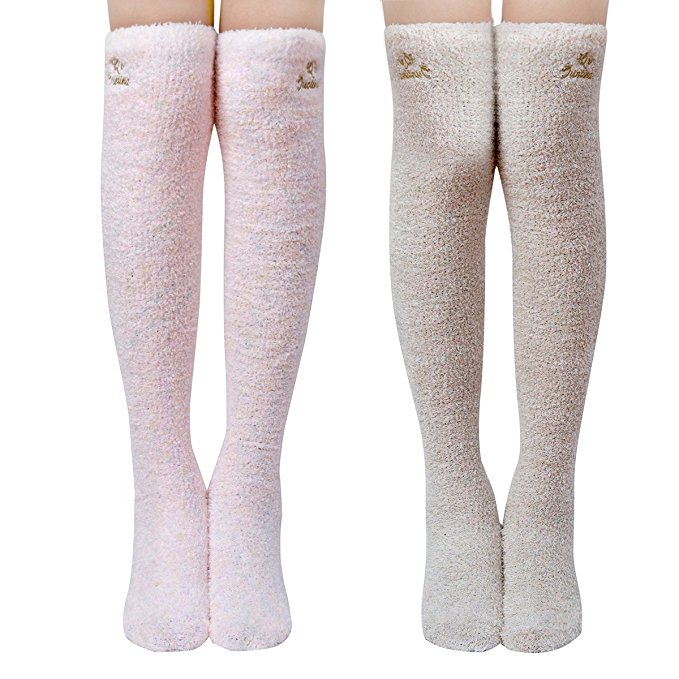 Skola Super Soft Warm Fuzzy over the Knee High Long Winter Cozy Slipper Socks - 2 Pairs - Value Pack
