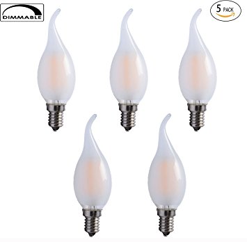 OPALRAY C35 4W(40W Incandescent Equivalent) LED Candelabra Bulb, LED Filament Lamp, E12 Base, Warm White 2700K, Dimmable, Frosted Glass, Flame Tip, 5-Pack