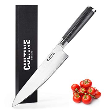 Chef 8-inch Knife by Cultine - Micarta Ergonomic Handle Professional Multi-Use Chef Knife for Chopping, Slicing, Cutting Fruits and Vegetables - Razor Sharp Chef's Knife made of Damascus Steel   Box